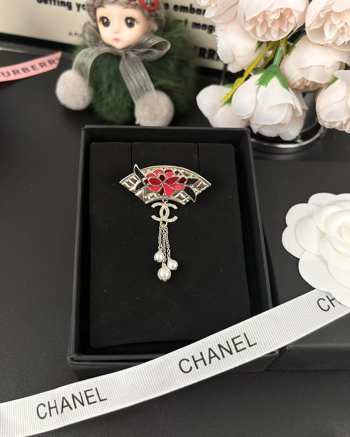 Red Flower Fan Brooch with Chain Drops