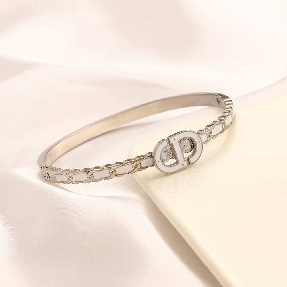 304 Stainless Steel Color-Inlay Round Monogram Bangle Bracelet