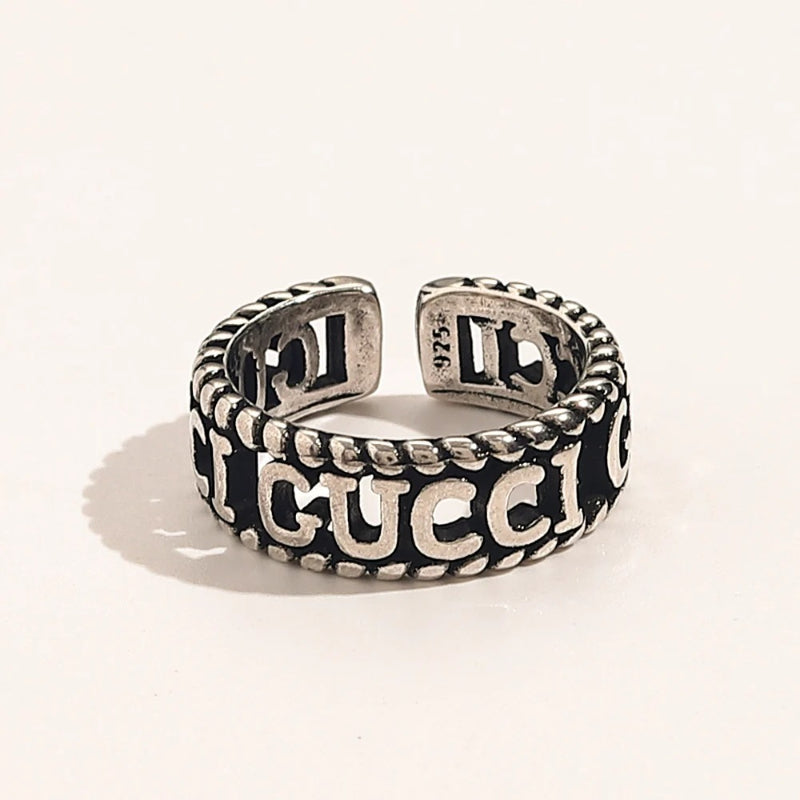 Engraved Lettering Open Ring with Rope Edges