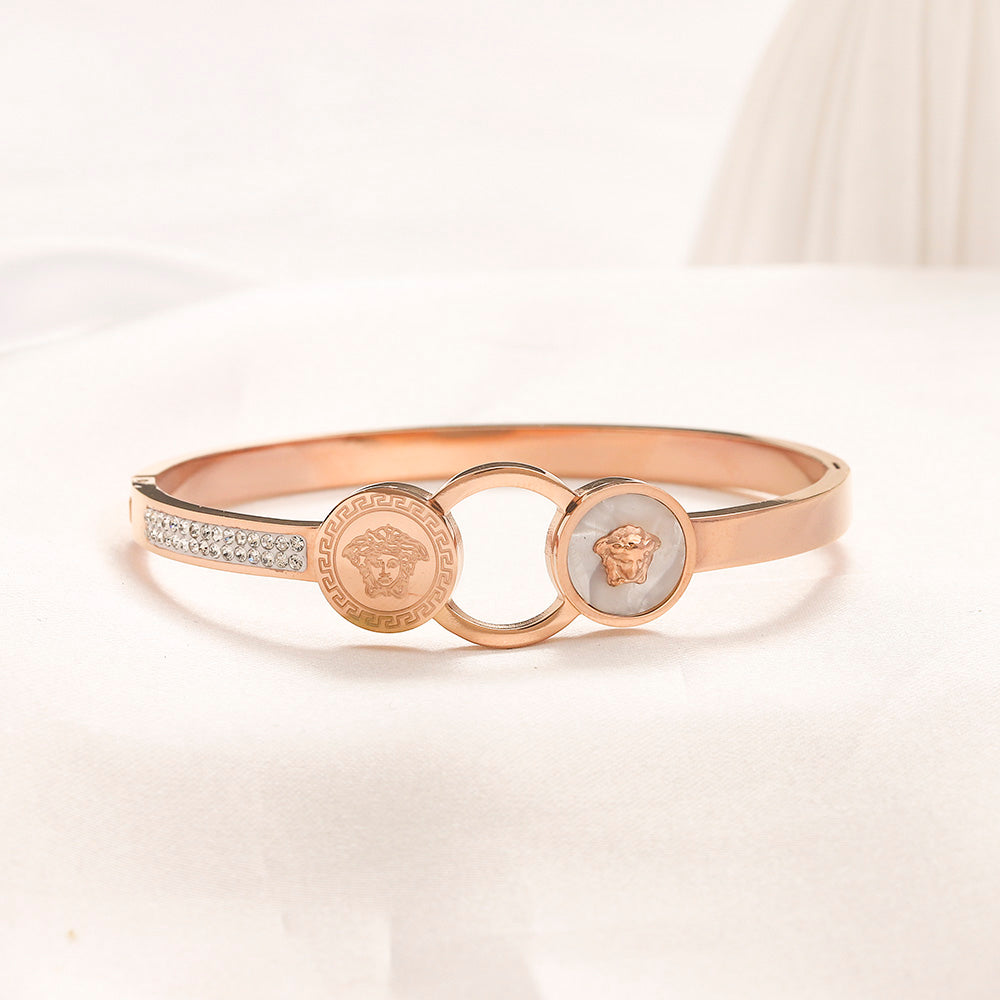 304 Stainless Steel Pave Round Medallion Bangle Bracelet