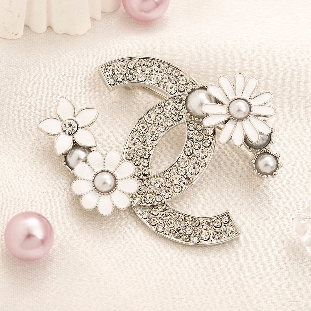 Alloy Pave Emblem Brooch with Flower Accents