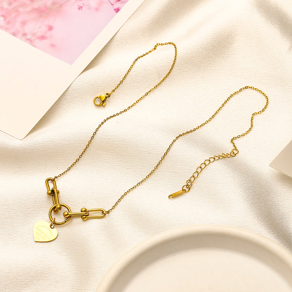 304 Stainless Steel Heart Charm Toggle Paperclip Necklace