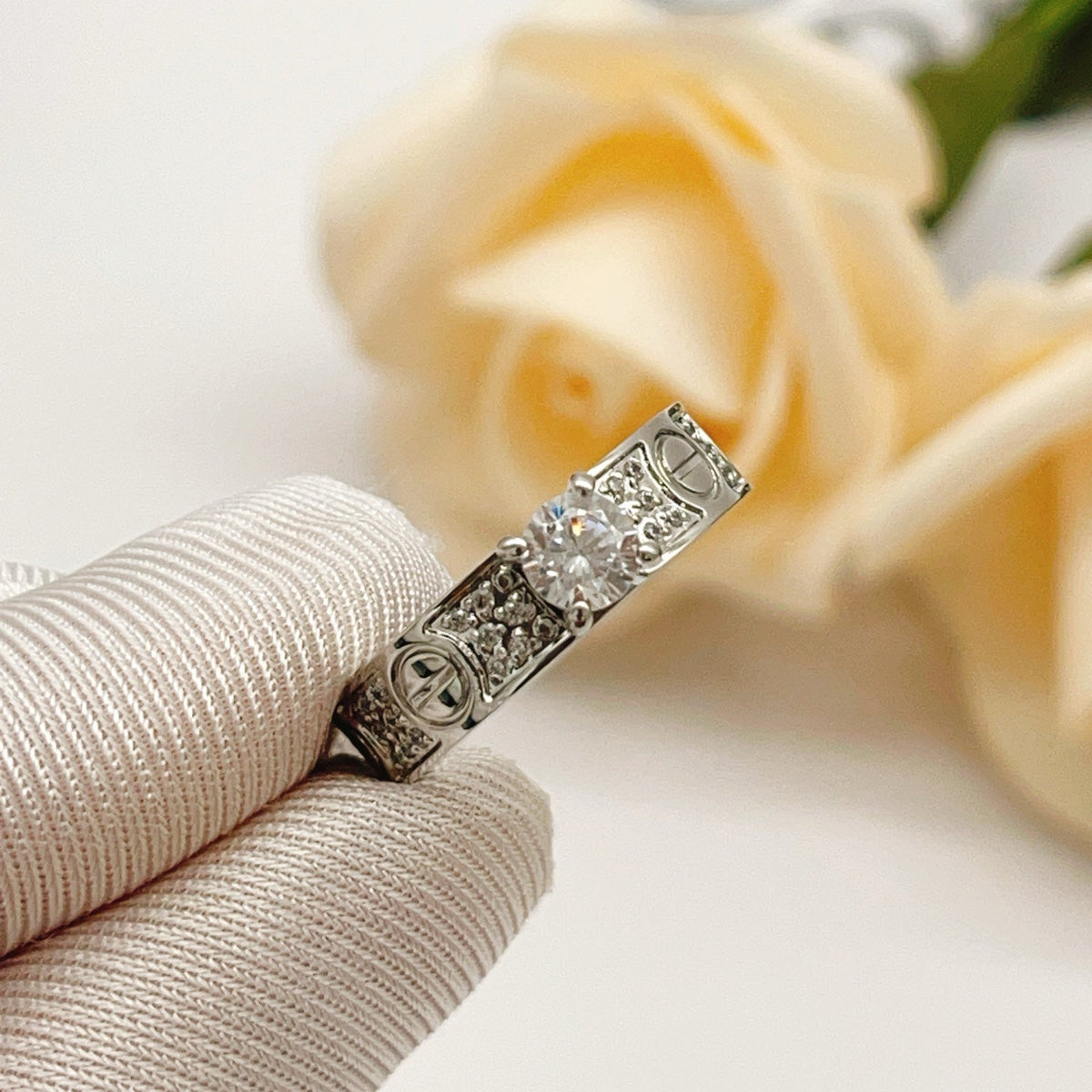 Silver-Tone Pave Screw-Detail Ring with Raised Stone