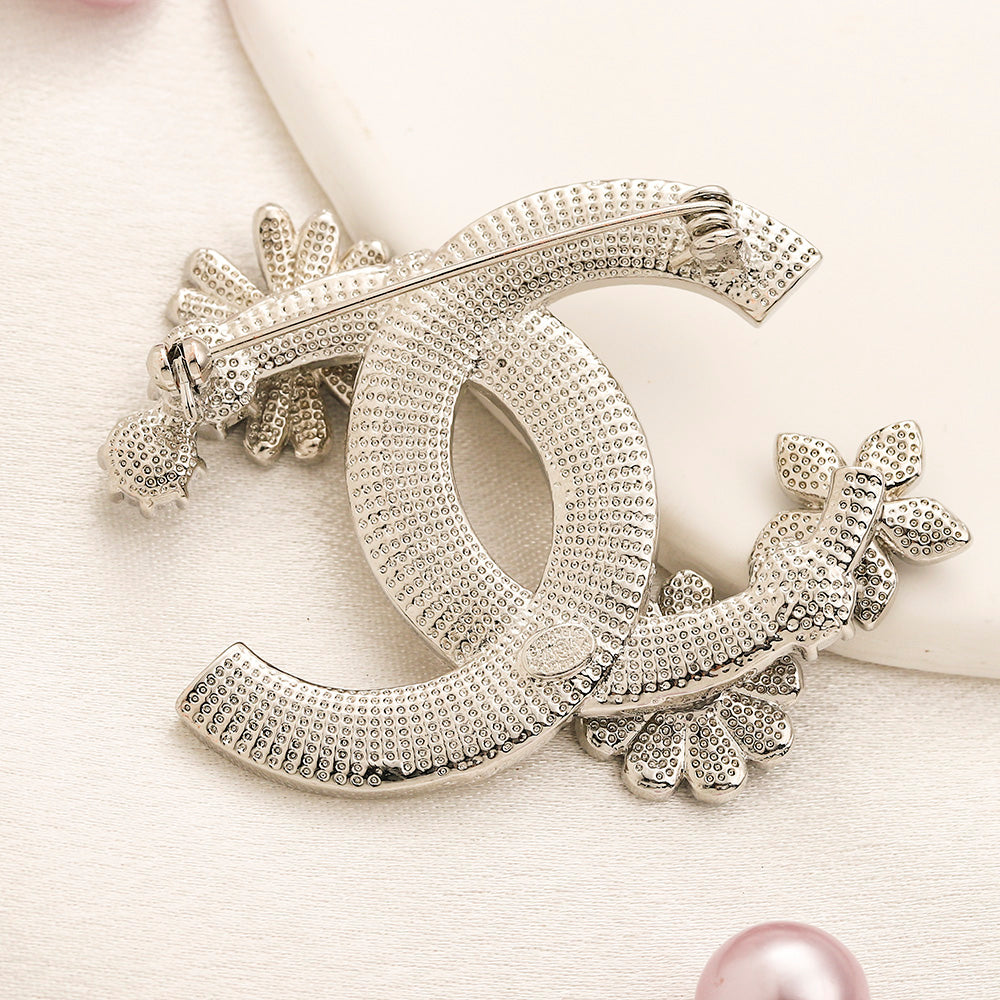 Alloy Pave Emblem Brooch with Flower Accents