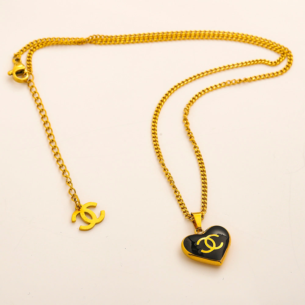 304 Stainless Steel Color-Inlay Interlocking-C Heart Necklace