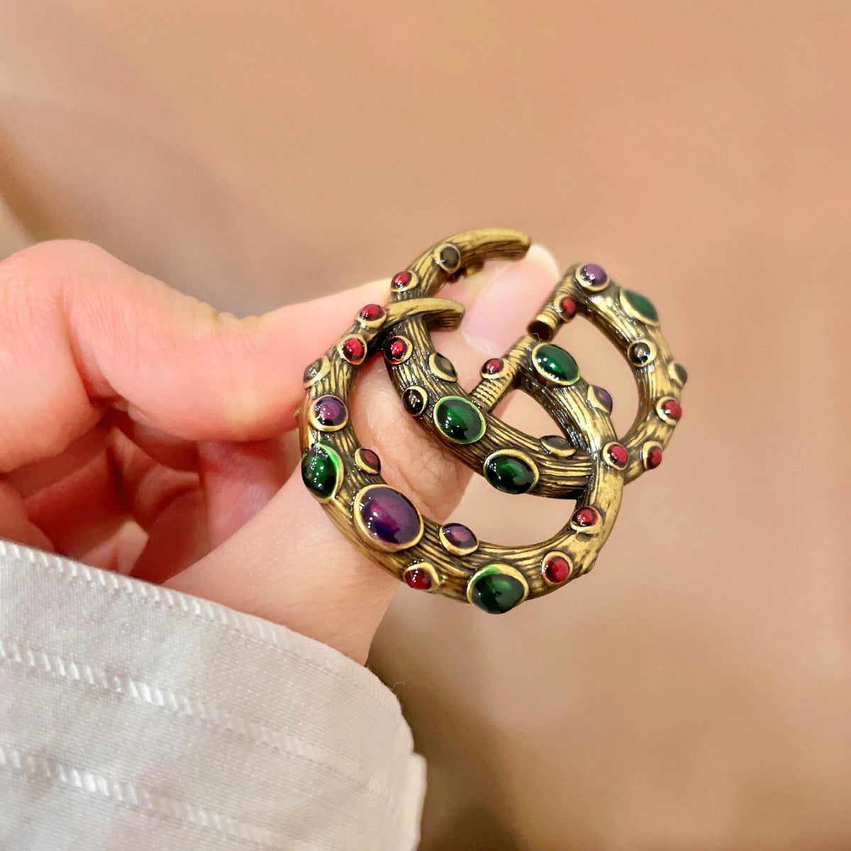 Round Letter Emblem Brooch with Colorful Stones