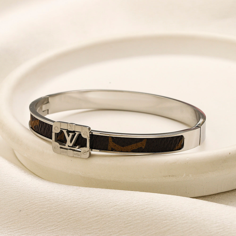 304 Stainless Steel Black Inlay Monogram Bangle Bracelet