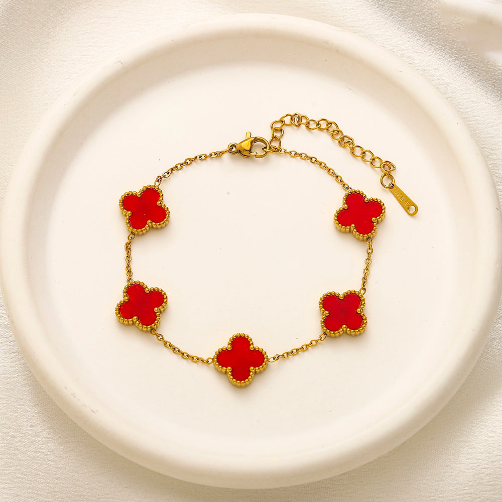 304 Stainless Steel Colorful Quatrefoil Station Chain Bracelet
