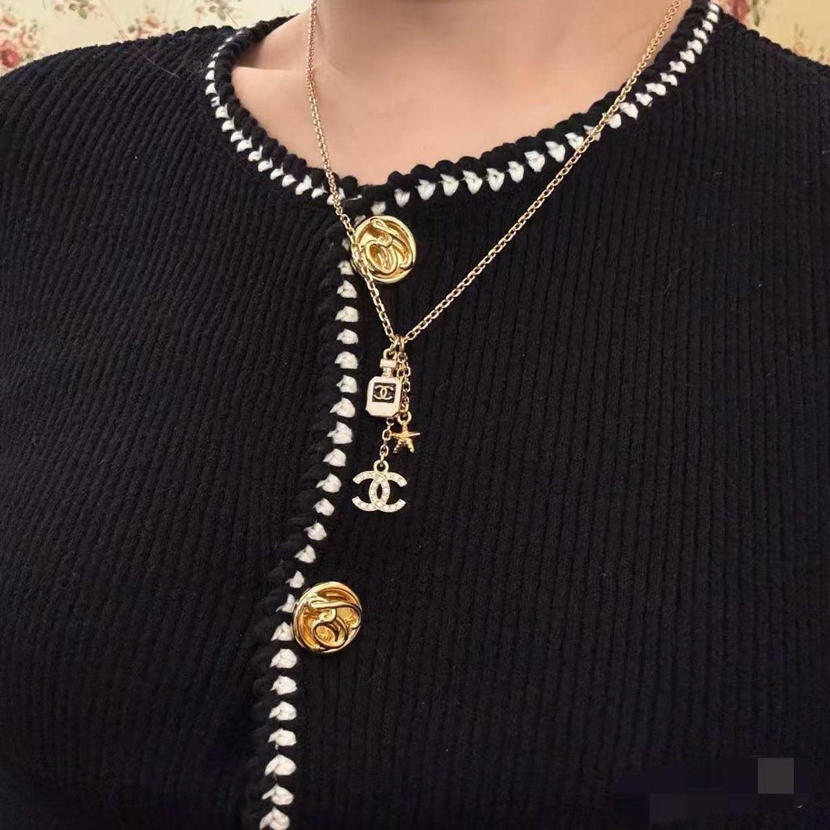 Gold Tone Multi-Charm Long Sweater Necklace, Perfume Bottle & Starfish Pendants