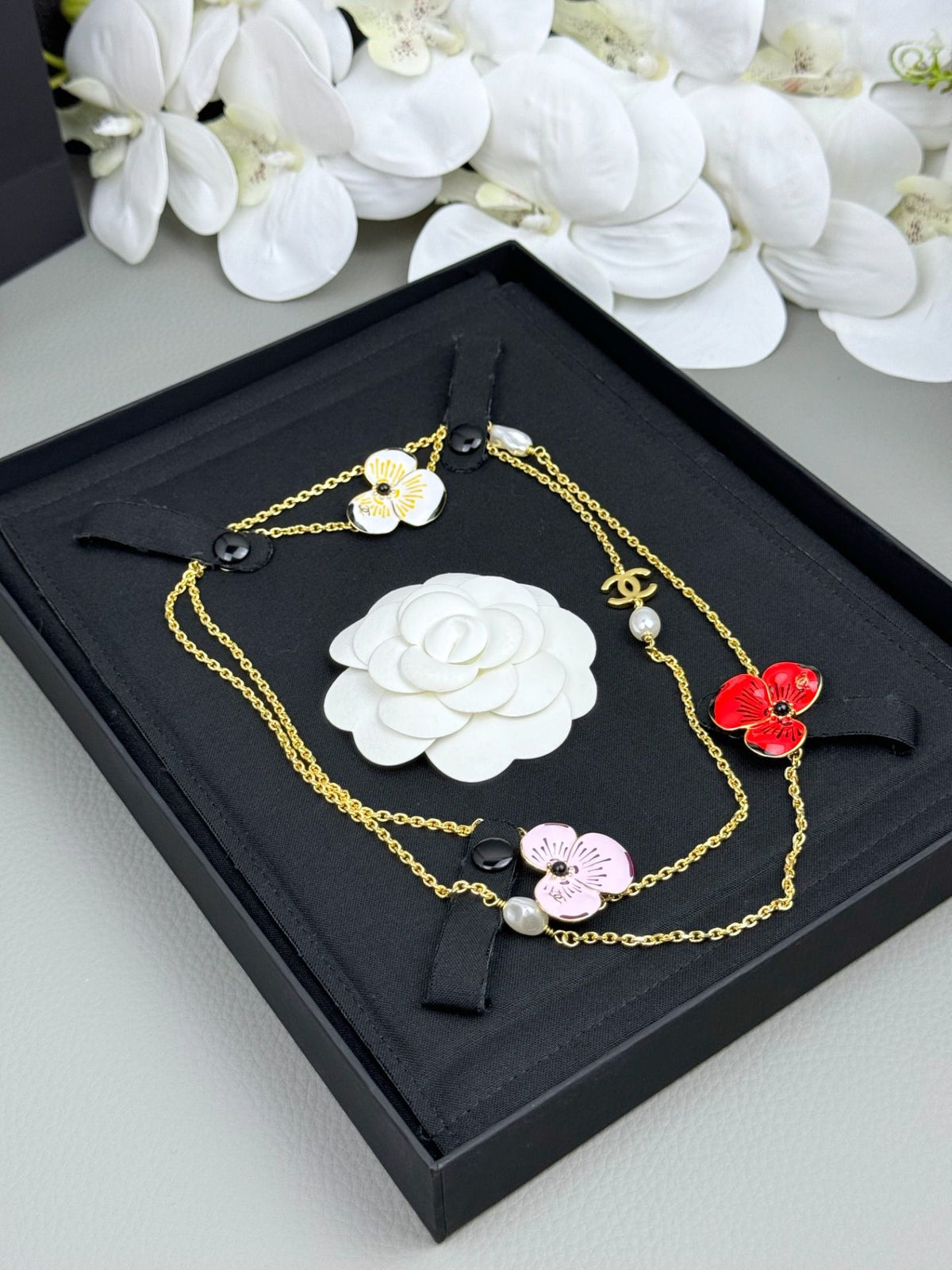 Layered Floral Necklace with Pearl-Look Tassels
