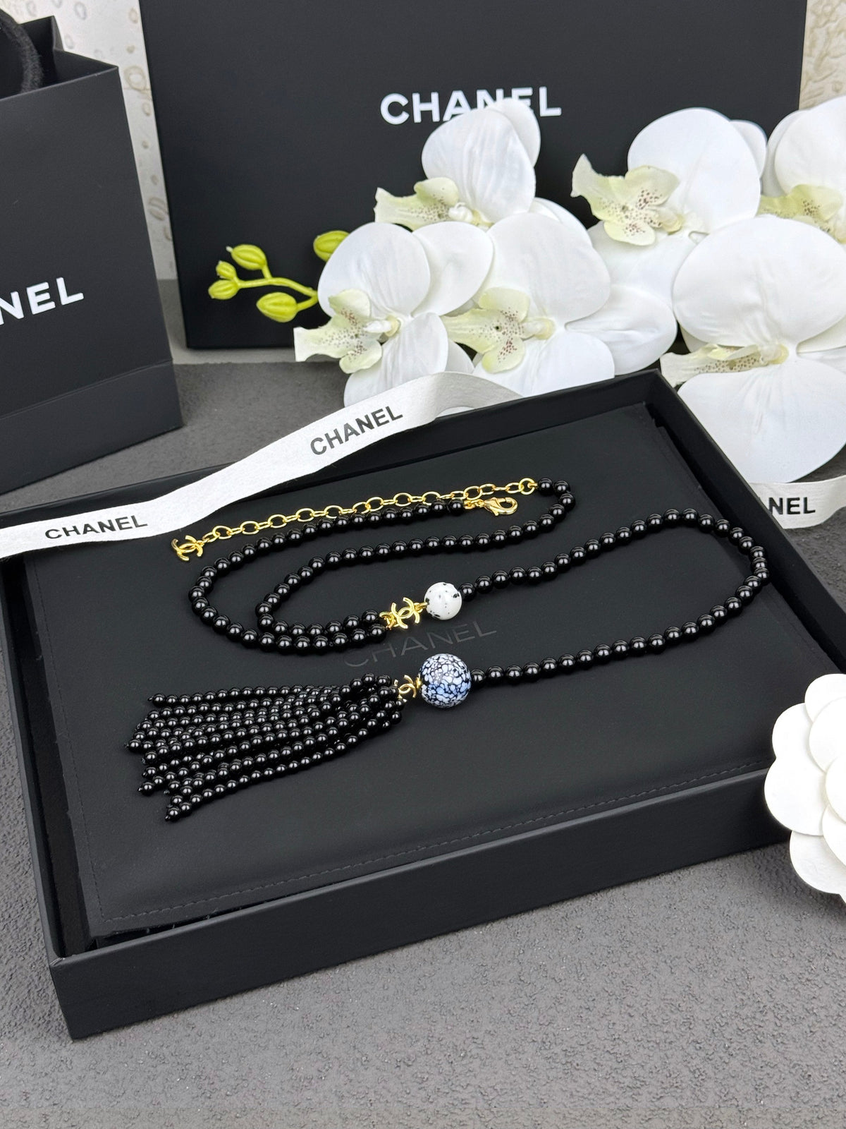 Gold Tone Long Tassel Necklace, Black Faux Pearl & Glass Beads