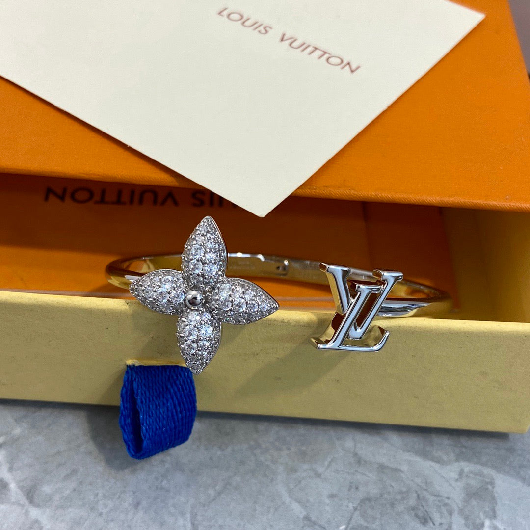 Pave Flower & Monogram Cuff Bracelet