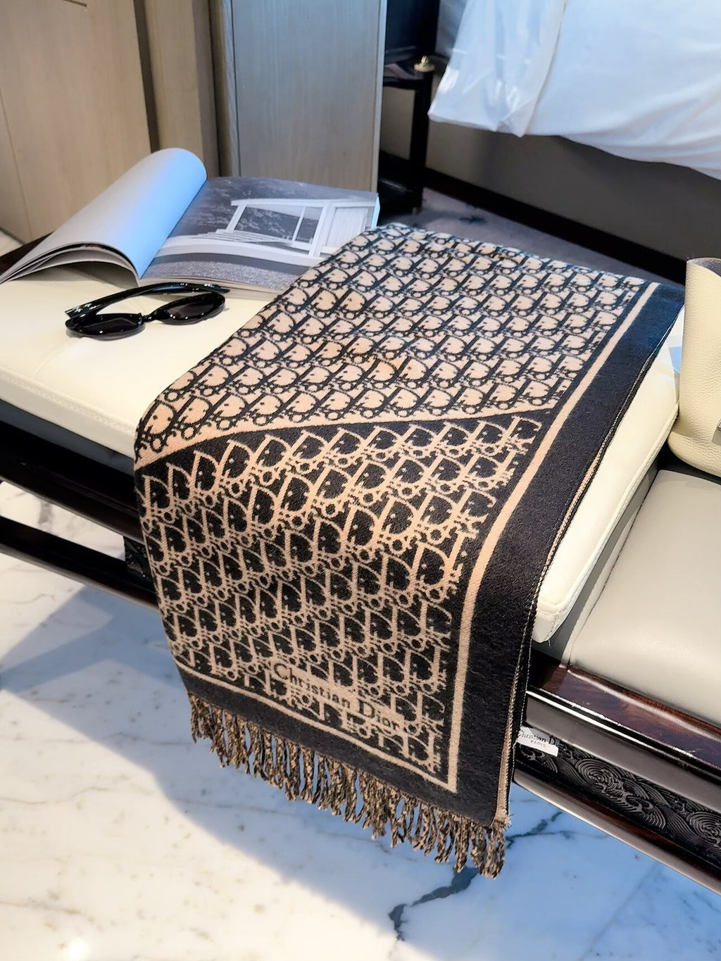 Allover Monogram Border Scarf with Fringe