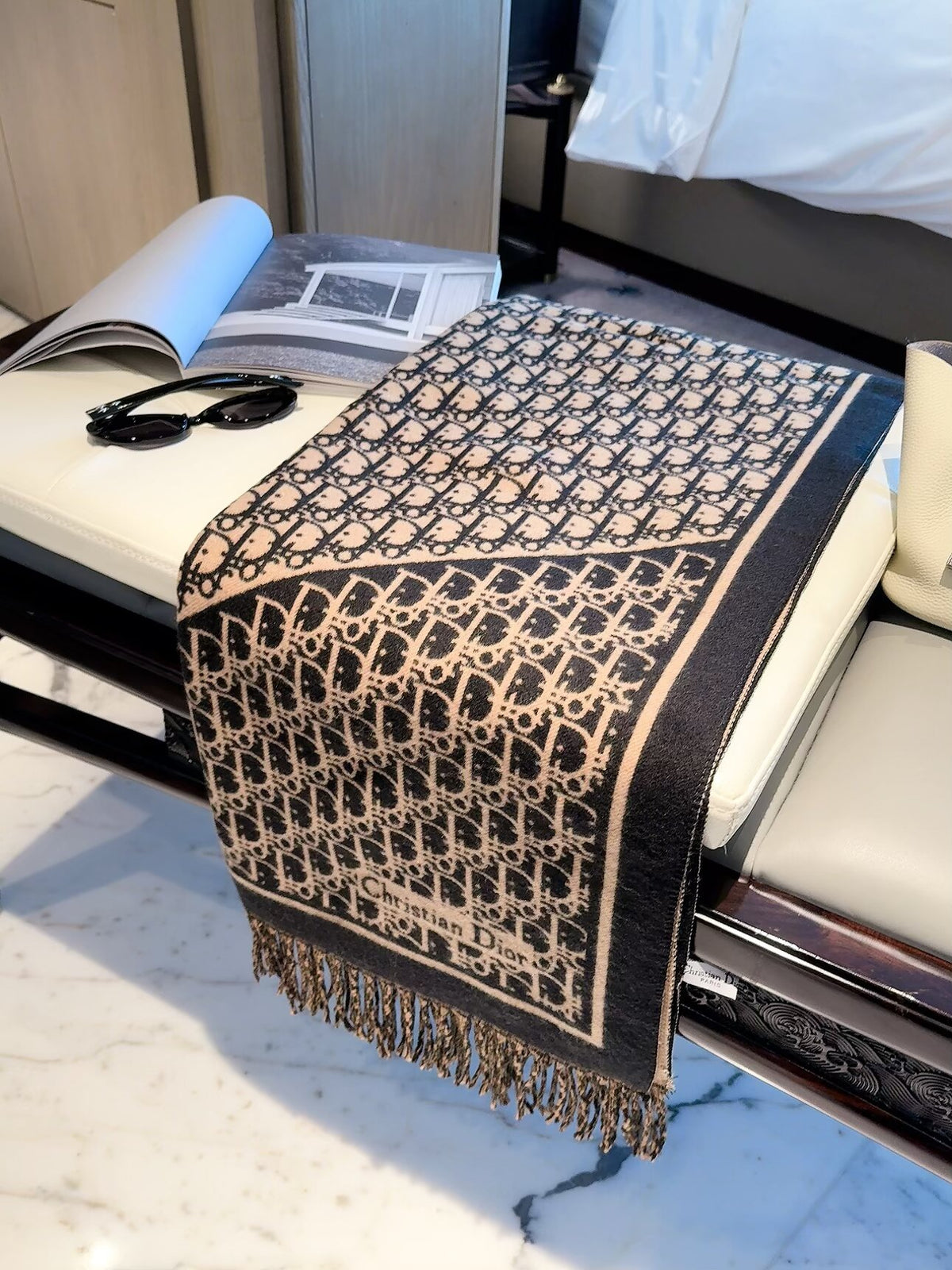 Allover Monogram Border Scarf with Fringe