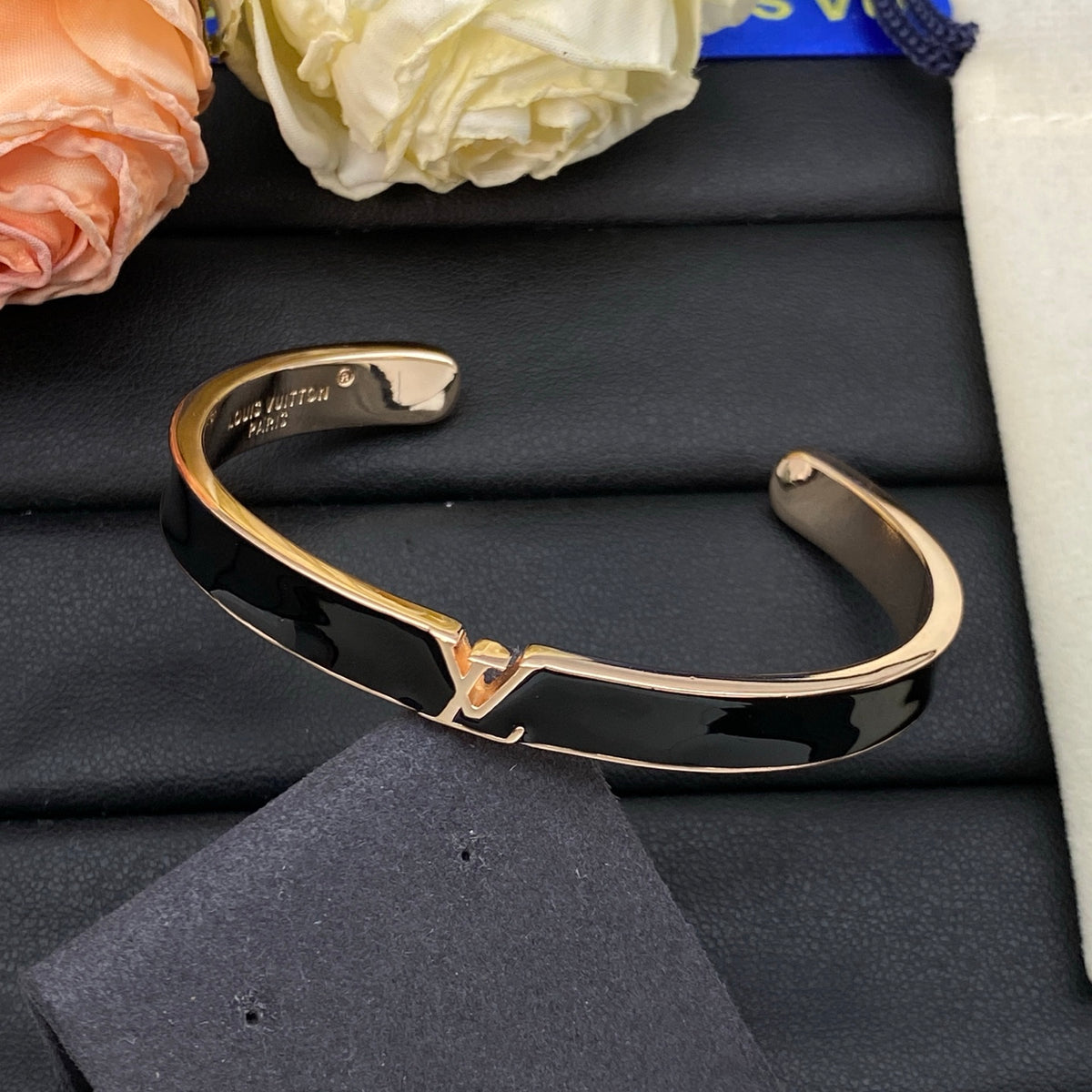 Black Inlay Monogram Cuff Bracelet