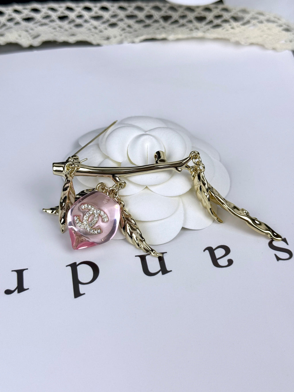 Leaf Bar Brooch with Pink Faceted Pendant