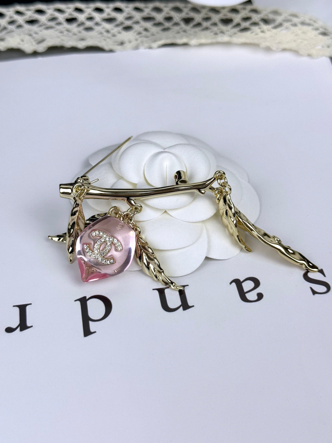 Leaf Bar Brooch with Pink Faceted Pendant
