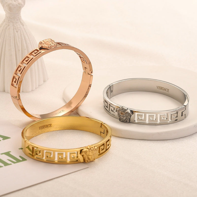 Pulsera rígida articulada de acero inoxidable 304 con diseño de greca griega