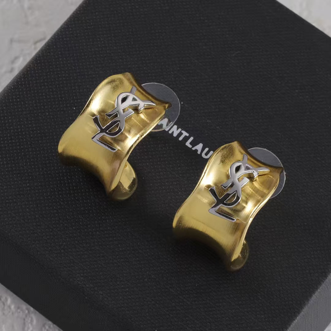 Two-Tone Square Emblem Stud Earrings