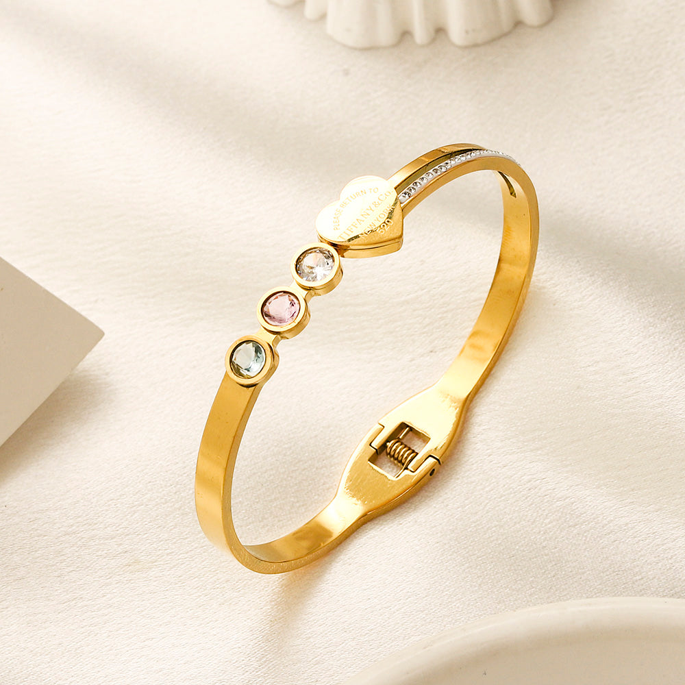 304 Stainless Steel Pastel Stone & Heart Bangle Bracelet