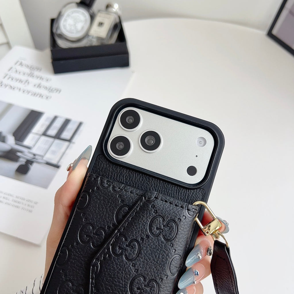 Quilted Emblem Phone Case with Card Pocket and Strap