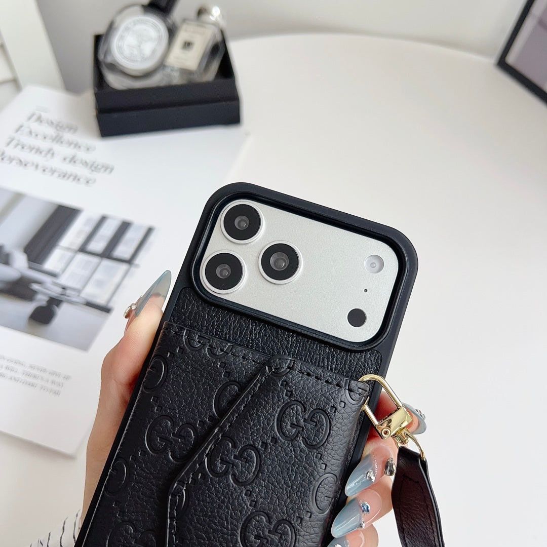 Quilted Emblem Phone Case with Card Pocket and Strap