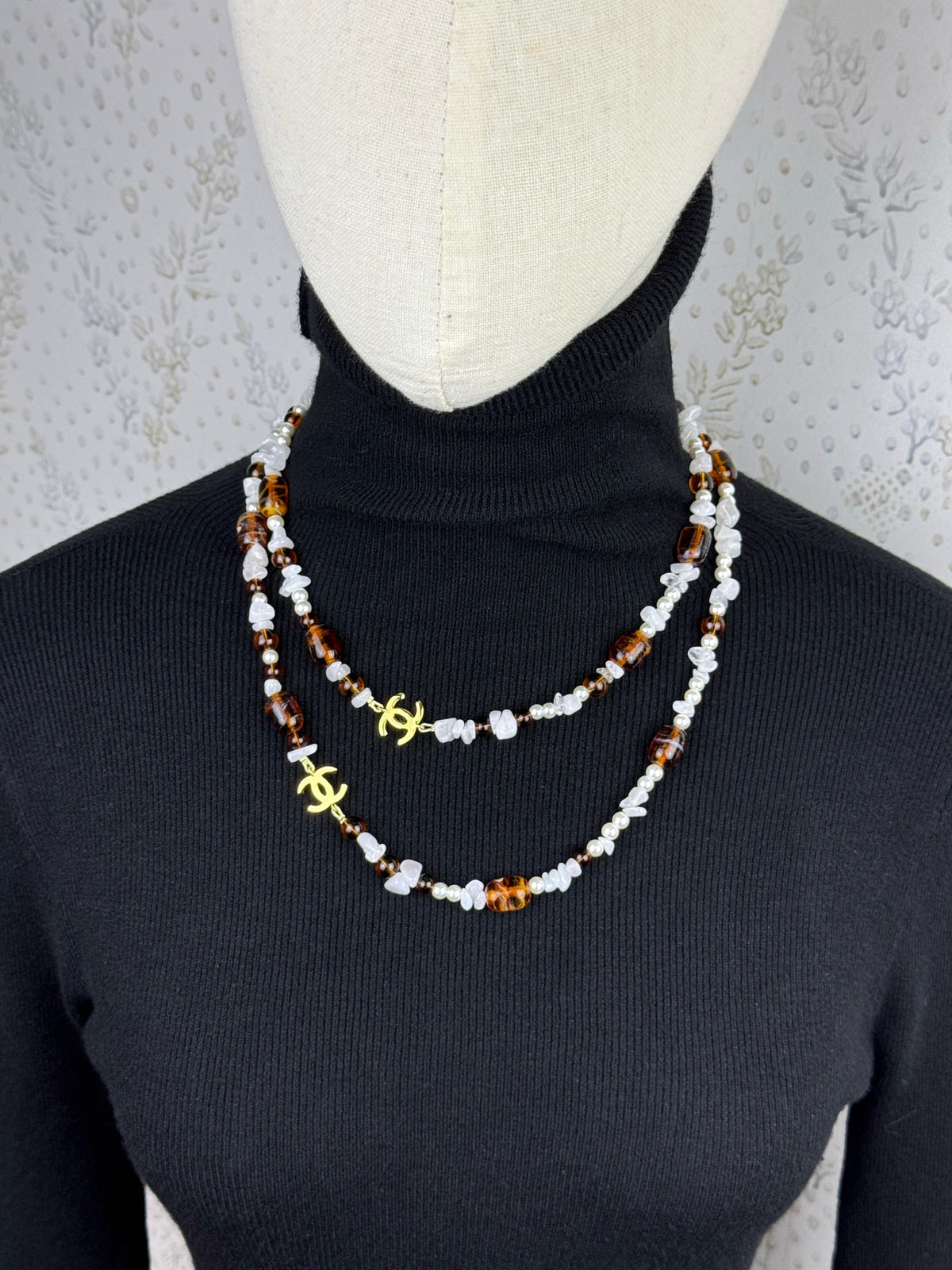 Gold Tone Long Sweater Necklace, Amber & White Stone Beaded Chain