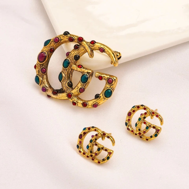 Alloy Multicolor Stone Earrings & Brooch Collection