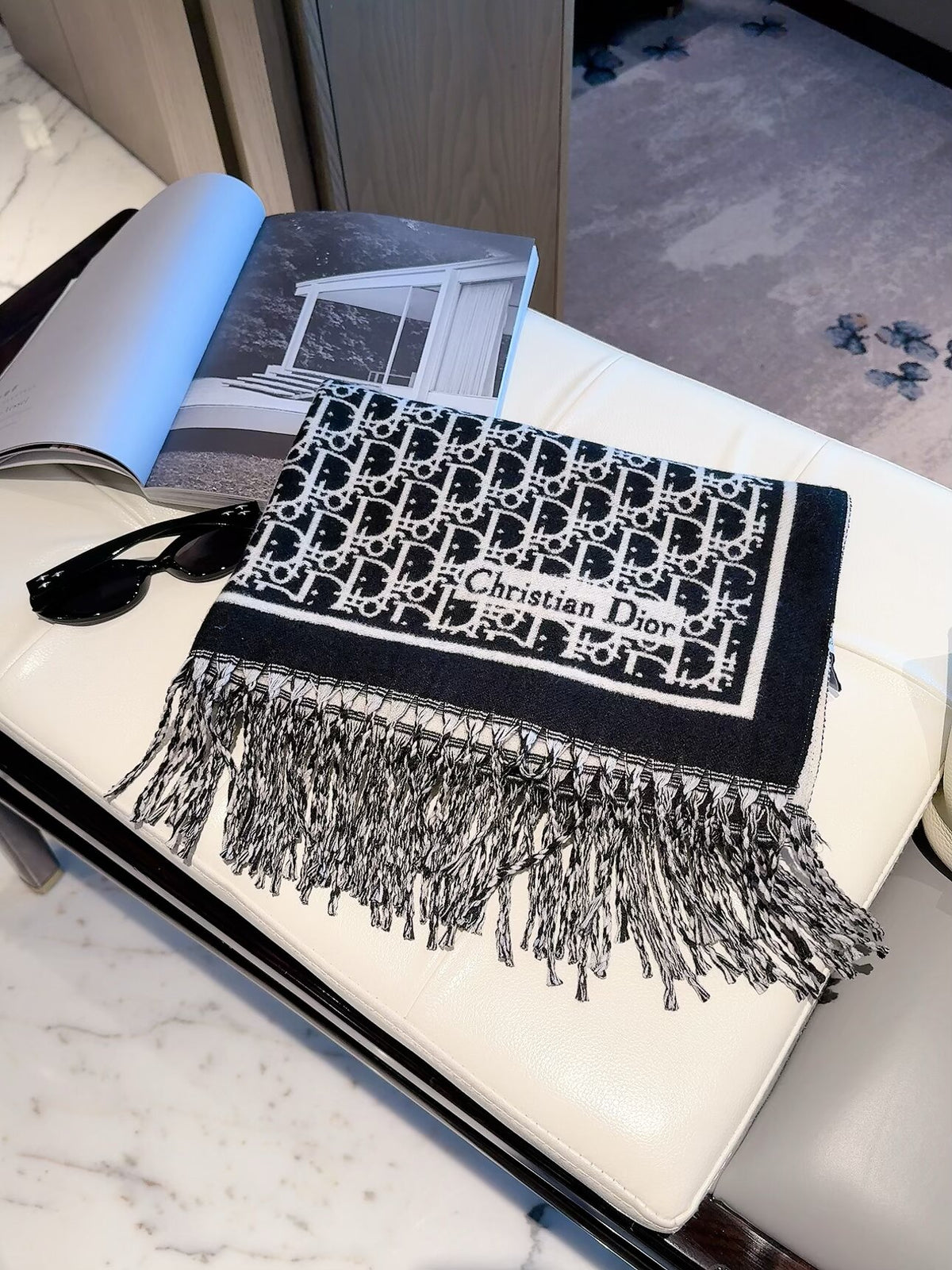 Allover Monogram Border Scarf with Fringe