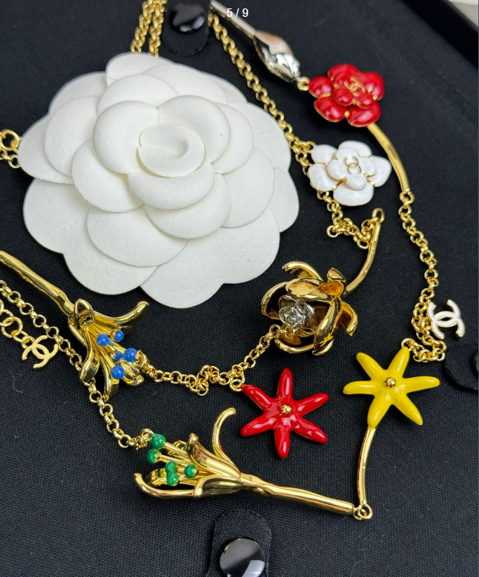 Gold Tone Long Sweater Necklace, Multicolor Enamel Floral Multi-Charm Design
