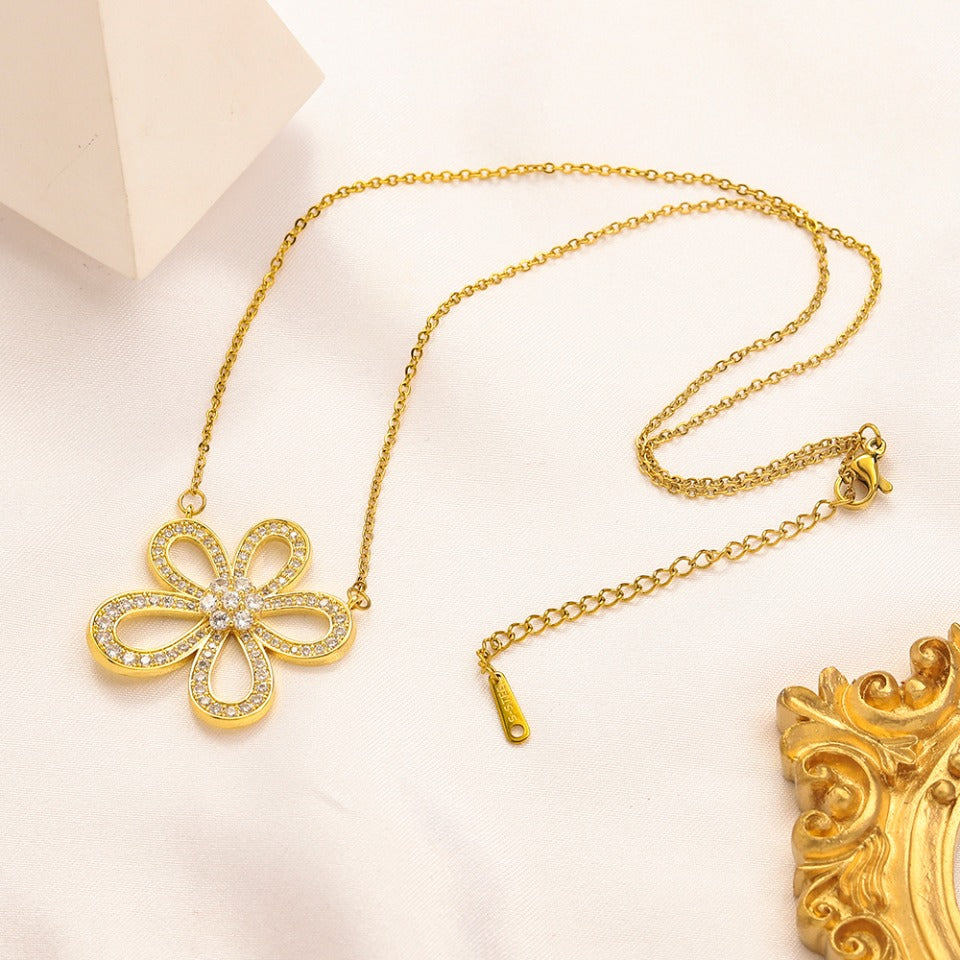 304 Stainless Steel Openwork Pave Flower Pendant Necklace