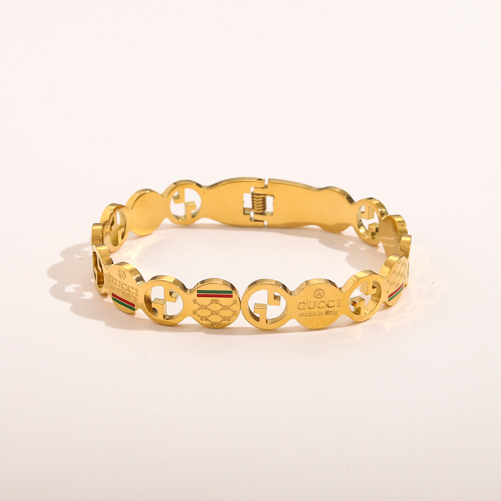 Bracelet jonc station double G ajouré en acier inoxydable 304