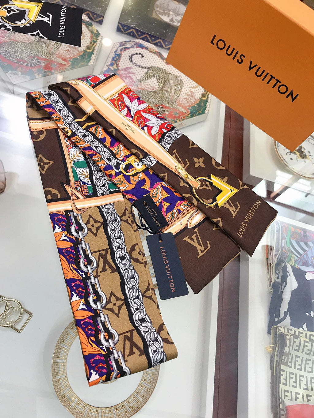 Foulard ruban ceinture & monogramme floral - 5 x 120 cm