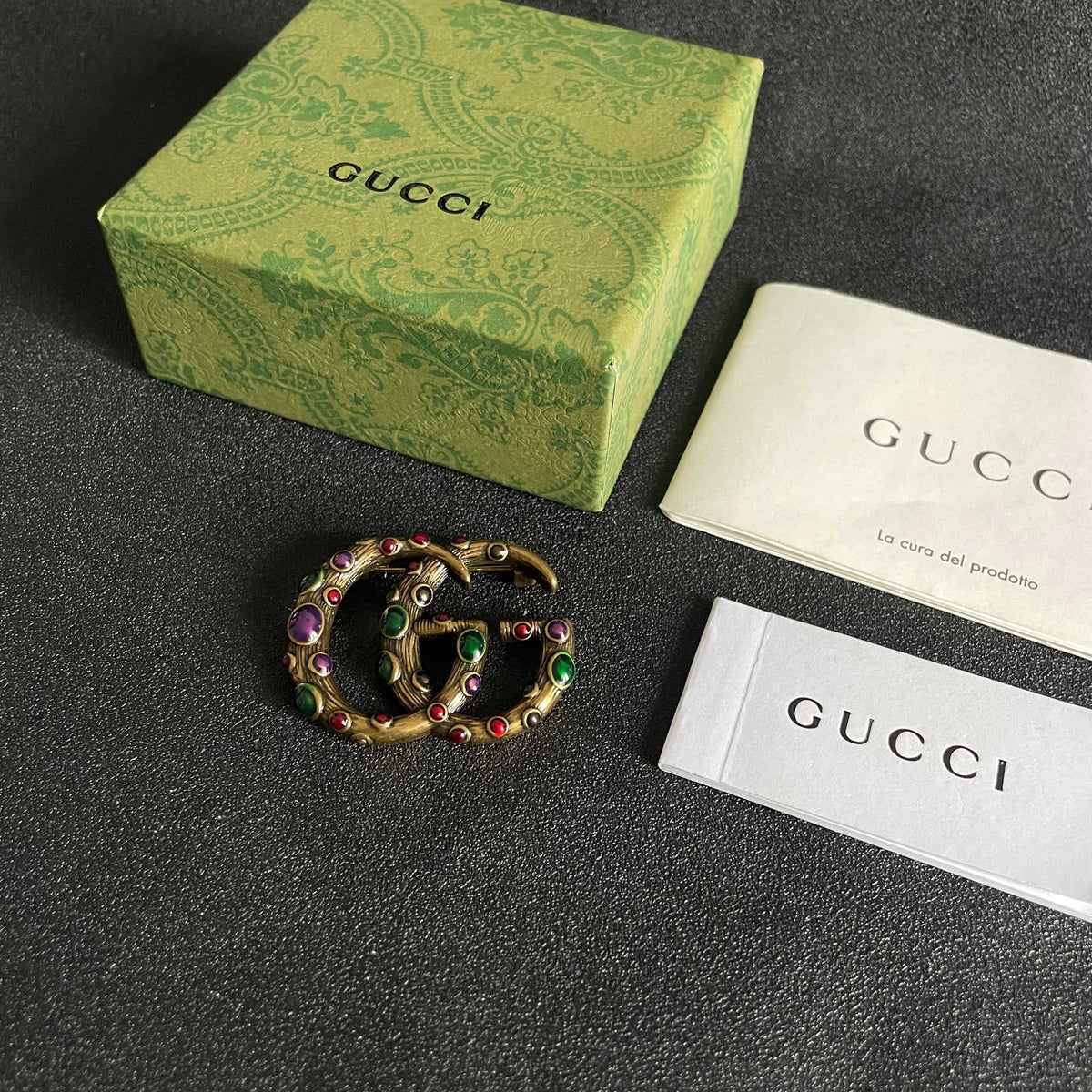 Round Letter Emblem Brooch with Colorful Stones
