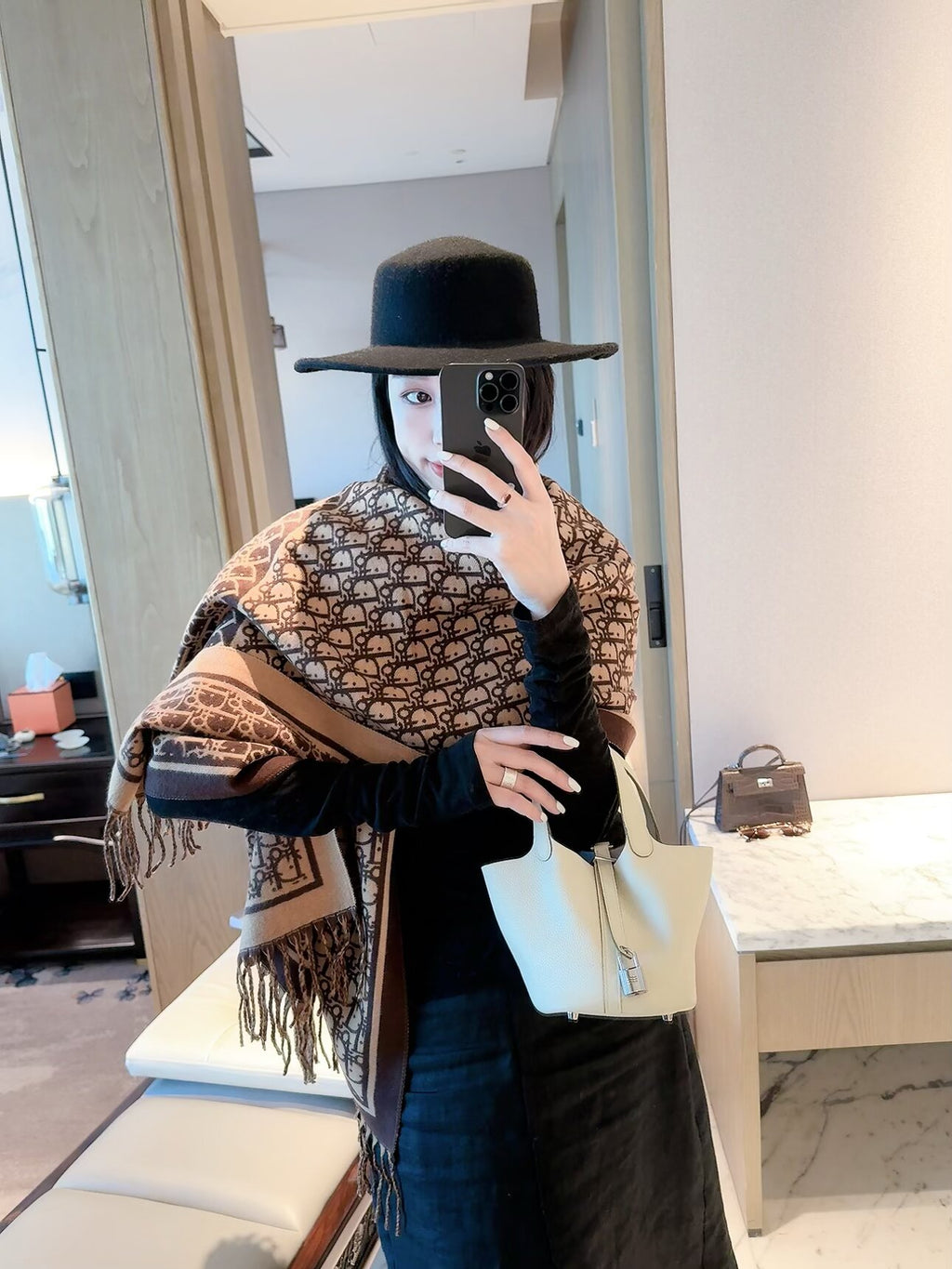 Allover Monogram Border Scarf with Fringe