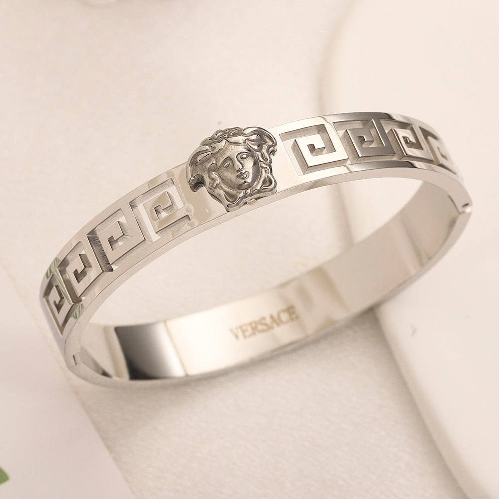 304 Stainless Steel Greek-Key Hinged Bangle Bracelet