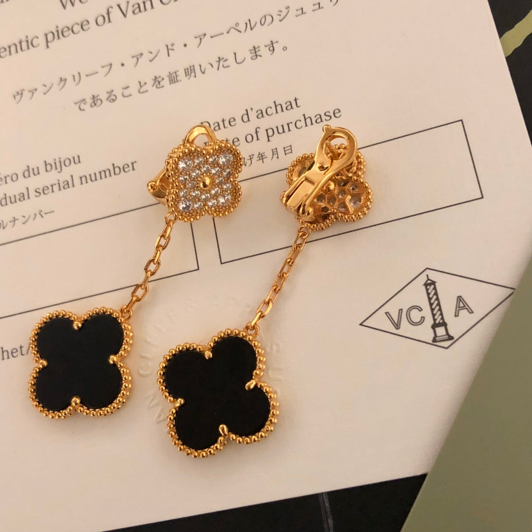 Black Quatrefoil Chain Drop Earrings