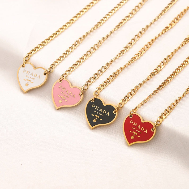 304 Stainless Steel Color-Inlay Heart Pendant Curb Chain Necklace