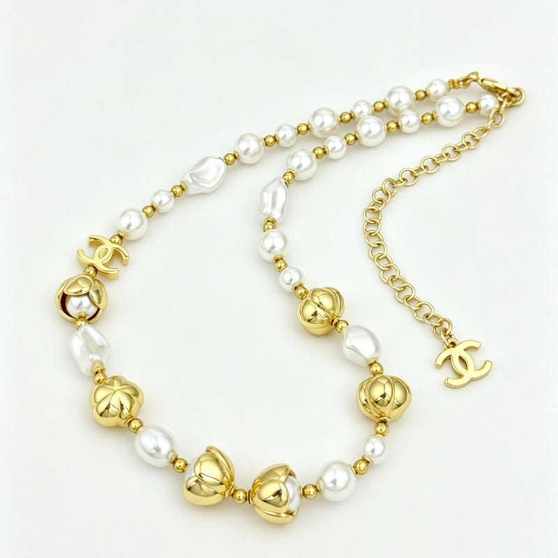 Gold Tone Floral & Baroque Pearl Necklace