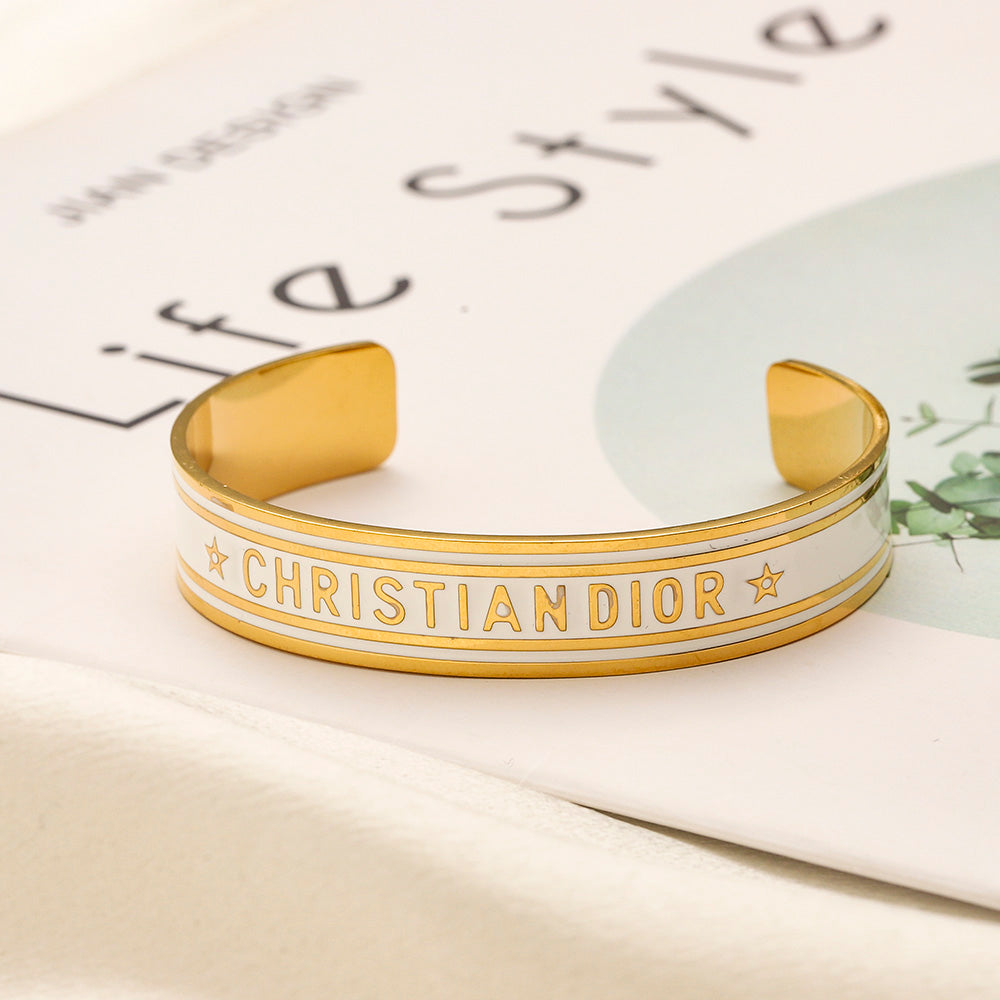 304 Stainless Steel Color-Inlay Lettering Open Cuff Bracelet