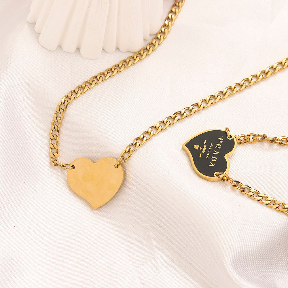 304 Stainless Steel Color-Inlay Heart Pendant Curb Chain Necklace