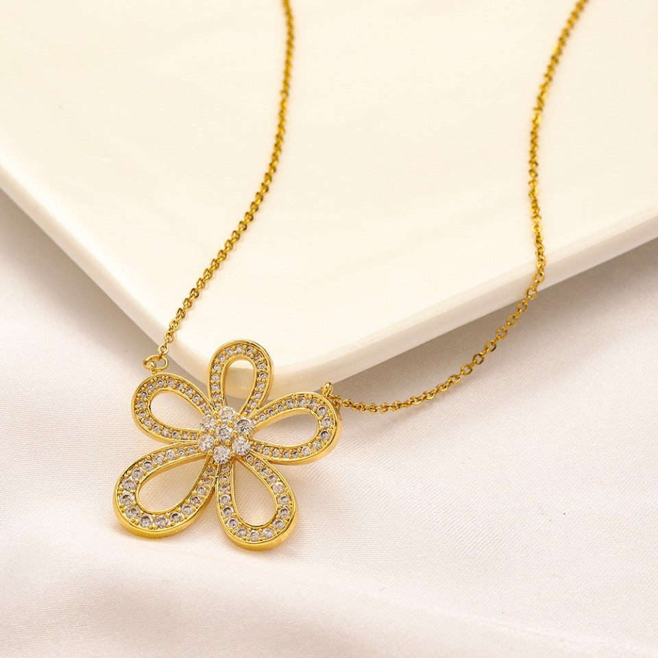 304 Stainless Steel Openwork Pave Flower Pendant Necklace