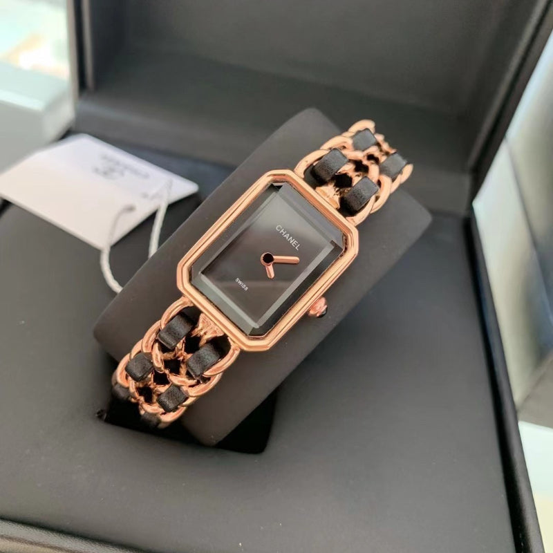 Rose Gold-Tone Rectangular Quartz Watch with Chain Bracelet 002