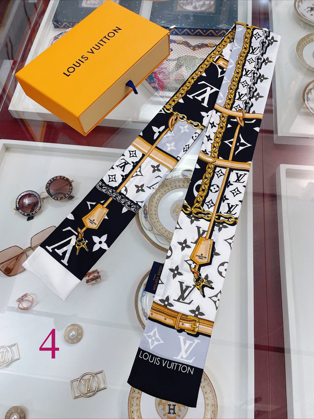 Chain & Monogram Print Ribbon Scarf - 5 x 120 cm