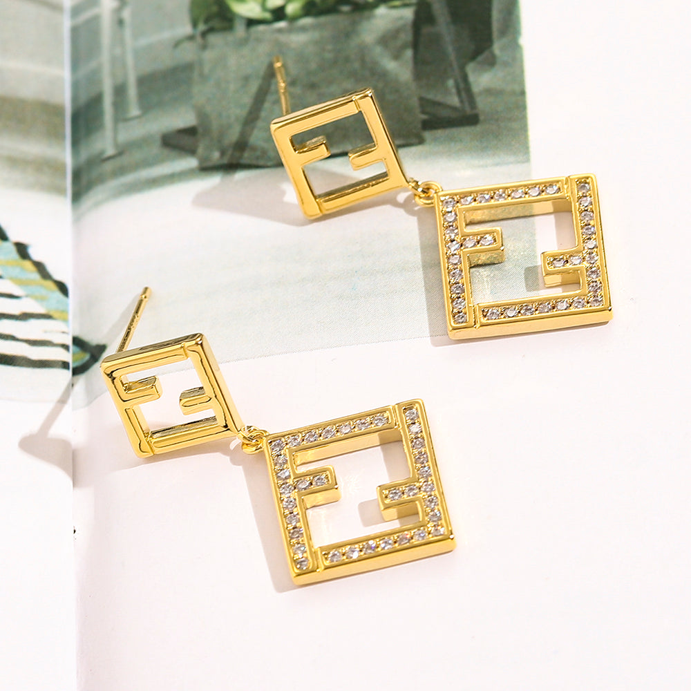 304 Stainless Steel Double Square Pave Drop Earrings