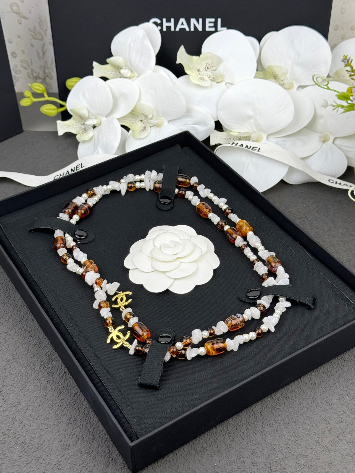 Gold Tone Long Sweater Necklace, Amber & White Stone Beaded Chain