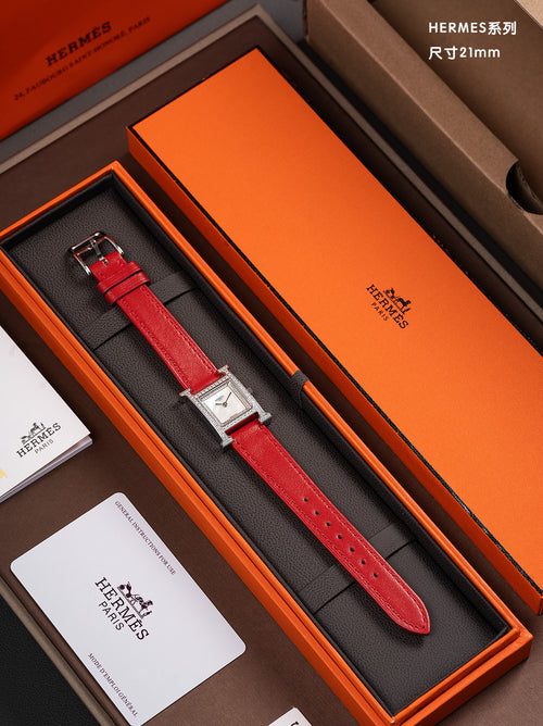 21mm Silver-Tone Crystal Frame Strap Watch - Red