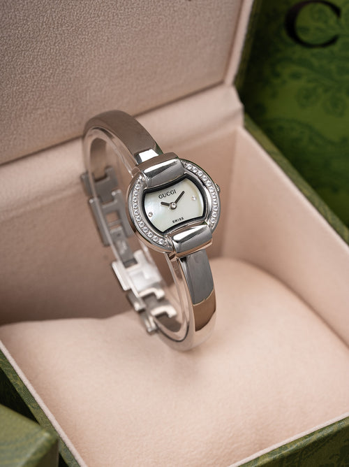 25mm Crystal-Accent Bangle Watch - Silver / White Patterned Dial