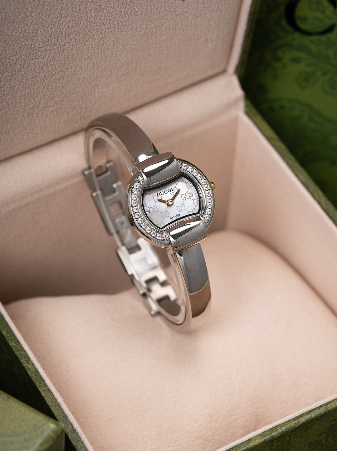 25mm Crystal-Accent Bangle Watch - Silver / White Crystal Markers