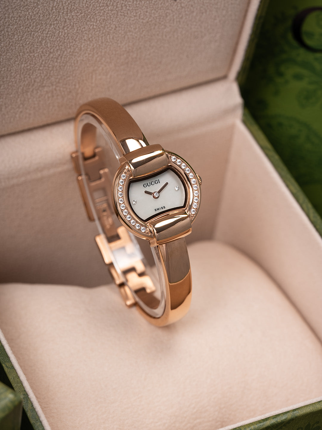 25mm Crystal-Accent Bangle Watch - Rose Gold / White Crystal Markers